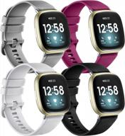 waterproof silicone band 4-pack for fitbit sense/fitbit versa 3 smart watch - soft wristbands for men and women in black, gray, fuchsia, and white by maledan logo