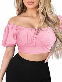 img 4 attached to Chic And Elegant VETIOR Women'S Crop Top: Tie-Front, Square Neck, Puff Sleeves