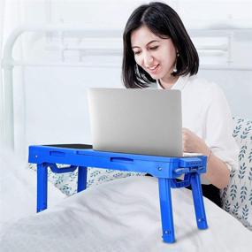 img 3 attached to 💻 Blue Laptop Desk for Bed with Cooling Fan, USB Hub, Adjustable LED Light- Ideal for Working & Reading on Bed, Couch or Sofa - Foldable Stand Desk with Mouse Pad & Storage Box