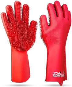 img 4 attached to 🧤 Magic SakSak Reusable Silicone Dishwashing Gloves - Pair of Rubber Scrubbing Gloves for Dishes - Wash Cleaning Gloves with Sponge Scrubbers for Kitchen, Bathroom, Car and More - Red, 14.5 Inches