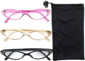 img 3 attached to 😺 Set of 3 Colorful Rhinestone Cat Eye Reading Glasses