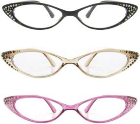 img 4 attached to 😺 Set of 3 Colorful Rhinestone Cat Eye Reading Glasses