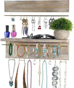 img 1 attached to 🛍️ Spiretro Wall Mount Set of 2 Jewelry Organizer Holder Rack: Golden Metal Bar Display for Earrings, Bracelets, Necklaces, and Rings – Rustic Torched Wood Shelf Storage for Accessories and Ornaments