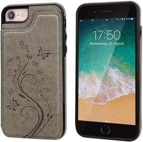 img 2 attached to 🦋 Premium PU Leather Wallet Case for iPhone 7/8/SE 2020 - Embossed Butterfly Design, Card Holder, Double Magnetic Buttons, Flip Shockproof Protective Cover - Gray