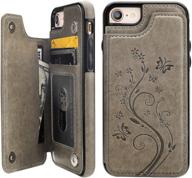 🦋 premium pu leather wallet case for iphone 7/8/se 2020 - embossed butterfly design, card holder, double magnetic buttons, flip shockproof protective cover - gray logo