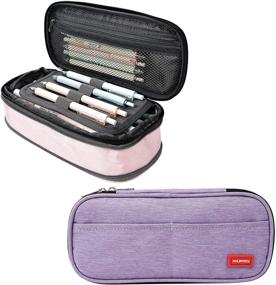 img 4 attached to 🖍️ Ahlirmoy Big Capacity Pencil Case - Large Foldable Pen Bag Holder for School, Office, Home, Art, and Travel - Purple/Pink