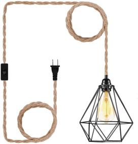 img 2 attached to 🔌 Farmhouse Black Plug-in Pendant Light - Industrial Hanging Lamp Kit with Metal Cage Lampshade and Switch for DIY Decor