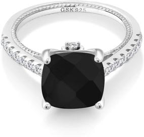 img 3 attached to 💍 925 Sterling Silver Black Onyx and White Created Sapphire Women's Engagement Ring (4.07 Cttw, Cushion Checkerboard Cut 10MM, Birthstone Gemstone, Size 5-9 Available) by Gem Stone King