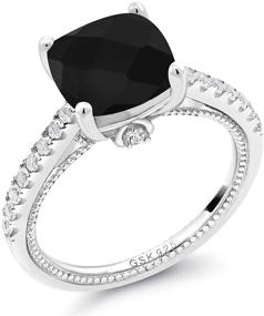 img 4 attached to 💍 925 Sterling Silver Black Onyx and White Created Sapphire Women's Engagement Ring (4.07 Cttw, Cushion Checkerboard Cut 10MM, Birthstone Gemstone, Size 5-9 Available) by Gem Stone King