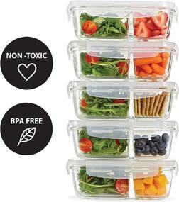 img 2 attached to 🍱 Fit & Fresh Divided Glass Containers 5-Pack - Airtight Meal Prep Containers with Locking Lids and 2 Compartments, 27 oz Each