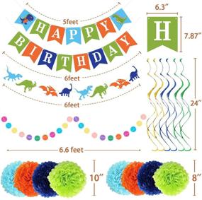 img 2 attached to Dinosaur Party Supplies Set for Kids - Happy Birthday Banner, Pom Poms Flowers, Paper Dot Garland, Hanging Swirl for Kids Dinosaur Theme Party Decorations