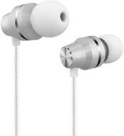 🎧 white earbuds stereo earphones with microphone - high bass in-ear headphones with mic, volume control, and 3.5mm plug for multiple audio devices (3.9 ft) logo