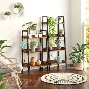 img 1 attached to Rustic Brown Industrial 4 Tier Ladder Bookshelf with 3 Hooks, Freestanding Display Plant Shelves for Small Space Living Room, Metal Frame Rolanstar Ladder Shelf