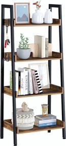 img 4 attached to Rustic Brown Industrial 4 Tier Ladder Bookshelf with 3 Hooks, Freestanding Display Plant Shelves for Small Space Living Room, Metal Frame Rolanstar Ladder Shelf