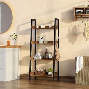 img 3 attached to Rustic Brown Industrial 4 Tier Ladder Bookshelf with 3 Hooks, Freestanding Display Plant Shelves for Small Space Living Room, Metal Frame Rolanstar Ladder Shelf