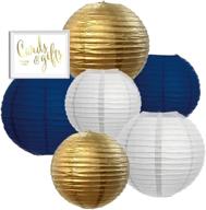 🎉 andaz press hanging paper lanterns party decor trio kit with gold party sign, white, gold, navy blue, 6-pack: perfect hanukkah, nautical wedding, and classroom decorations! логотип