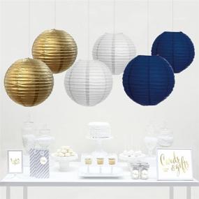 img 2 attached to 🎉 Andaz Press Hanging Paper Lanterns Party Decor Trio Kit with Gold Party Sign, White, Gold, Navy Blue, 6-Pack: Perfect Hanukkah, Nautical Wedding, and Classroom Decorations!