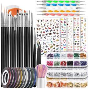 img 4 attached to Premium Nail Art Brushes and Dotting Tools Set - Teenitor Nail Art Design Kit with Butterfly Brush, Stickers, Foil, Striping Tape, and Rhinestones