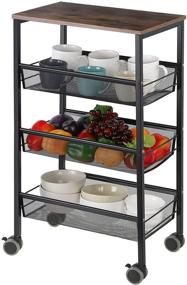 img 3 attached to 🛒 Versatile MOOACE Kitchen Cart on Wheels: 3-Tier Metal Mesh Rolling Utility Cart with Wood Cover for Home Organization and Convenience (Black)
