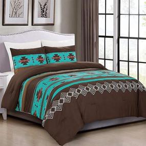 img 4 attached to 🌈 Stunning King Size Native American Design Comforter Set - Makala 3 Piece Multicolor Teal Coffee Brown Embroidered Navajo Bedding Set