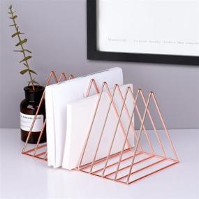 img 2 attached to 🌸 Rose Gold Magazine Holder Rack, Desktop File Sorter Book Rack Organizer by Simmer Stone - 9 Slot Triangle Shape, Size 12.2&#34;L X 7&#34;W X 6.9&#34;H