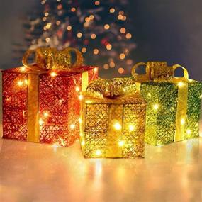 img 4 attached to 🎁 Christmas Decor Lighted Gift Boxes - Set of 3 Xmas Present Metal Boxes with 70 Clear LED Lights - Indoor Outdoor Ornament for Xmas Tree, Wedding, Holiday Party, Home Yard Decorations