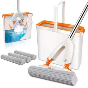 img 4 attached to 🧽 PVA Squeeze Sponge Roller Mop and Bucket Set: Effective Self-Wringing System for Hard Floors - Includes 3 Super Absorbent Sponge Heads