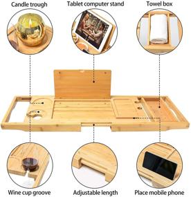 img 1 attached to 🛀 Luxury Bamboo Bathtub Tray: Expandable Caddy Organizer with Book Holder - Holds Book, Wine, Phone, Ipad, Laptop - Natural-1