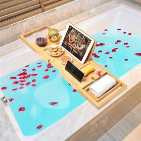 img 3 attached to 🛀 Luxury Bamboo Bathtub Tray: Expandable Caddy Organizer with Book Holder - Holds Book, Wine, Phone, Ipad, Laptop - Natural-1