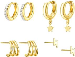 img 4 attached to 🌼 Hypoallergenic Huggie Hoop Earrings Set for Women and Girls - 14k Gold Plated Stud Earrings