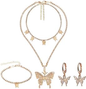 img 4 attached to 🦋 Hicarer Big Butterfly Pendant Necklace with Rhinestone Chain, Shiny Crystal Choker Pendant Collar Necklace, Butterfly Bracelet, and Butterfly Earrings Set - Jewelry for Women and Girls (Gold)