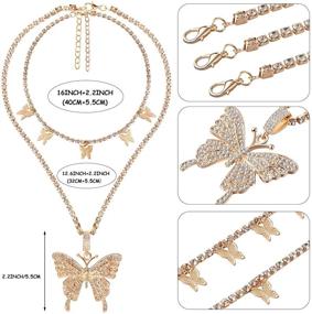 img 3 attached to 🦋 Hicarer Big Butterfly Pendant Necklace with Rhinestone Chain, Shiny Crystal Choker Pendant Collar Necklace, Butterfly Bracelet, and Butterfly Earrings Set - Jewelry for Women and Girls (Gold)