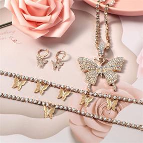 img 1 attached to 🦋 Hicarer Big Butterfly Pendant Necklace with Rhinestone Chain, Shiny Crystal Choker Pendant Collar Necklace, Butterfly Bracelet, and Butterfly Earrings Set - Jewelry for Women and Girls (Gold)