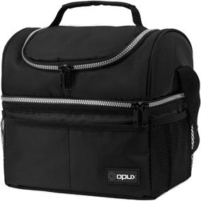 img 4 attached to 🥪 opux Insulated Dual Compartment Lunch Bag for Men and Women – Double Deck Reusable Lunch Box Cooler with Shoulder Strap, Leakproof Liner – Medium Lunch Pail for School, Work, Office (Black)