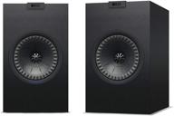 pair of black kef q350 bookshelf speakers for optimal sound quality logo
