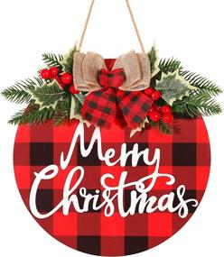 img 4 attached to 🎄 Davsolly Merry Christmas Decoration Wreath: Buffalo Plaid Hanging Sign with Red Berries and Pine Cones - Rustic Bow Decor