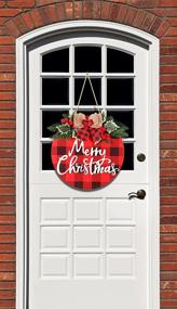 img 1 attached to 🎄 Davsolly Merry Christmas Decoration Wreath: Buffalo Plaid Hanging Sign with Red Berries and Pine Cones - Rustic Bow Decor