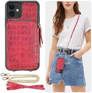 👜 zve iphone 11 wallet case: stylish dark red crocodile skin leather cover with card holder, strap, and crossbody chain - perfect fit for apple iphone 11 6.1 inch logo