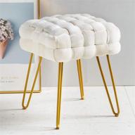 🛋️ contemporary velvet square ottoman stool with gold metal legs - braided woven footstool upholstered for living room, vanity stool, makeup chair, footrest - beige white logo