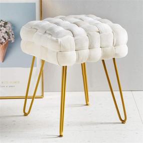 img 4 attached to 🛋️ Contemporary Velvet Square Ottoman Stool with Gold Metal Legs - Braided Woven Footstool Upholstered for Living Room, Vanity Stool, Makeup Chair, Footrest - Beige White