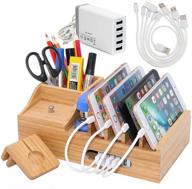 🔌 bamboo charging station for multiple devices with 5 port usb charger, 5 charger cables, and smart watch stand - wood desktop dock organizer for cell phone, tablet, watch, office logo