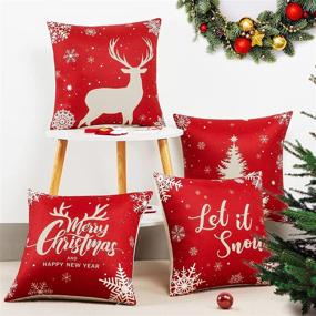 img 3 attached to 🎄 YIYIE Christmas Throw Pillow Covers 18×18 Set of 4 | Red Linen Farmhouse Pillowcases for Sofa Couch | Xmas Decorations - Snowflake Pine Forest Reindeer | Let It Snow - Holiday Pillow Covers