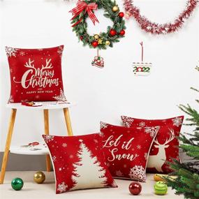 img 2 attached to 🎄 YIYIE Christmas Throw Pillow Covers 18×18 Set of 4 | Red Linen Farmhouse Pillowcases for Sofa Couch | Xmas Decorations - Snowflake Pine Forest Reindeer | Let It Snow - Holiday Pillow Covers