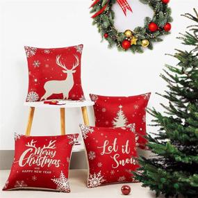 img 1 attached to 🎄 YIYIE Christmas Throw Pillow Covers 18×18 Set of 4 | Red Linen Farmhouse Pillowcases for Sofa Couch | Xmas Decorations - Snowflake Pine Forest Reindeer | Let It Snow - Holiday Pillow Covers