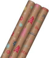 🎁 hallmark sustainable kraft wrapping paper: bright and bold christmas edition - cut lines on reverse (3 rolls: 90 sq. ft. ttl) snowflakes, pink trees, and "all kinds of merry logo