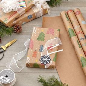 img 3 attached to 🎁 Hallmark Sustainable Kraft Wrapping Paper: Bright and Bold Christmas Edition - Cut Lines on Reverse (3 Rolls: 90 sq. ft. ttl) Snowflakes, Pink Trees, and "All Kinds of Merry