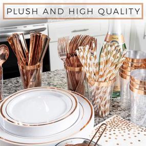 img 2 attached to 🌟 Premium SIRSIMON 250 Piece Rose Gold Disposable Dinnerware Set - Ideal for Weddings, Parties and Special Occasions - Includes 50 Plates, 25 Silverware, 25 Cups with Straws, and 50 Fancy Napkins