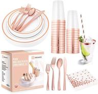 🌟 premium sirsimon 250 piece rose gold disposable dinnerware set - ideal for weddings, parties and special occasions - includes 50 plates, 25 silverware, 25 cups with straws, and 50 fancy napkins logo