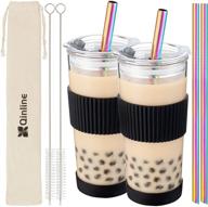 🥤 2-pack 24oz reusable boba cup set: glass boba tumbler with lids, 4 angled straw, silicone sleeve - leakproof smoothie cups for bubble tea, juicing, coffee - ideal christmas gifts logo