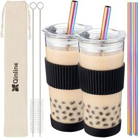 img 4 attached to 🥤 2-Pack 24Oz Reusable Boba Cup Set: Glass Boba Tumbler with Lids, 4 Angled Straw, Silicone Sleeve - Leakproof Smoothie Cups for Bubble Tea, Juicing, Coffee - Ideal Christmas Gifts